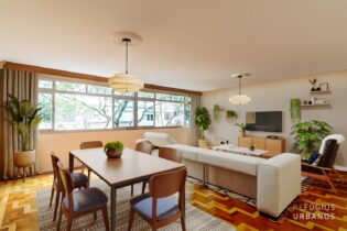 Na Martiniano de Carvalho, Bela Vista, apartamento de 172m² que mescla tons verde e caramelo, com 3 dormitórios e uma vaga de garagem